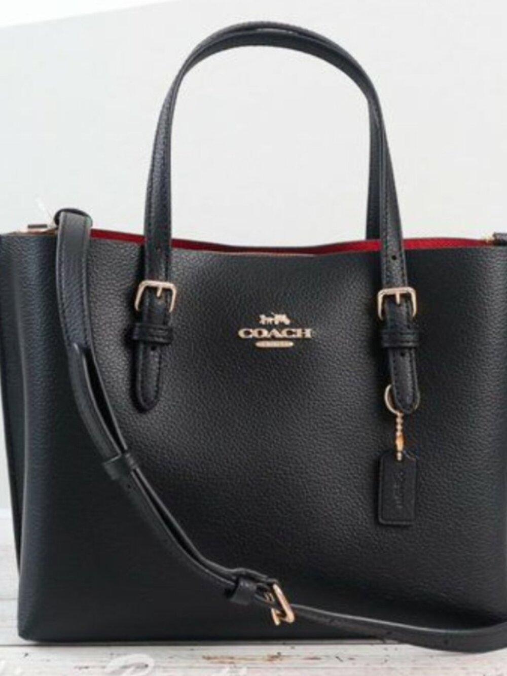 New 100% Authentic NWT Coach Leather Mollie Tote 25 Crossbody Black/True Red